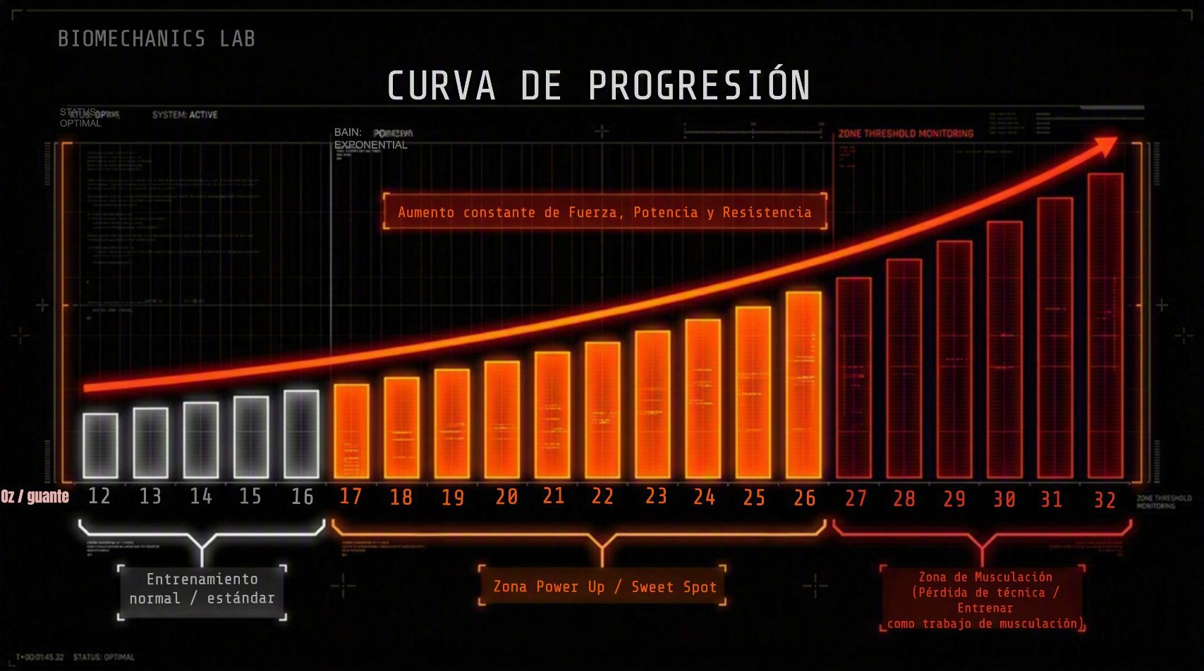 Esquema orientativo de zonas de carga: entrenamiento estándar, zona Power Up y zona de musculación