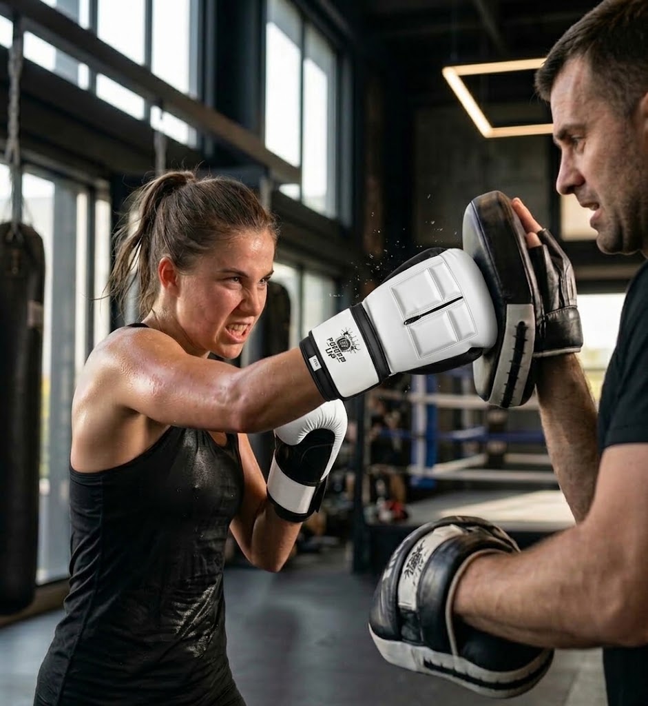 Boxeadora entrenando con PU Lite y manoplas